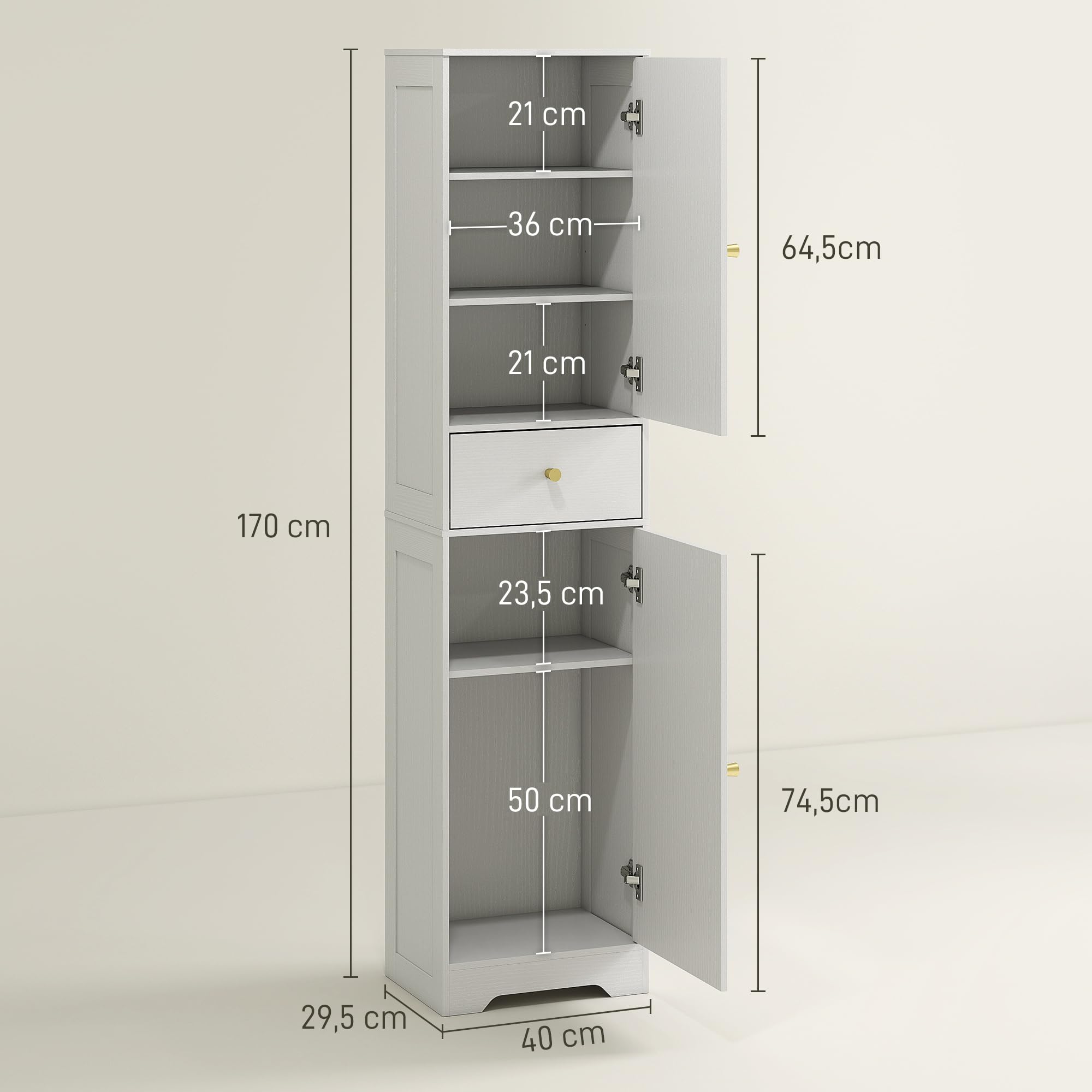 HOMCOM Armario Alto de Baño Estrecho Cajón 40x29,5x170 cm Blanco Veteado | 2 Puertas Arqueadas, Estantes Ajustables, Columna de Baño, Estilo Moderno, para Salón Aseo Cocina