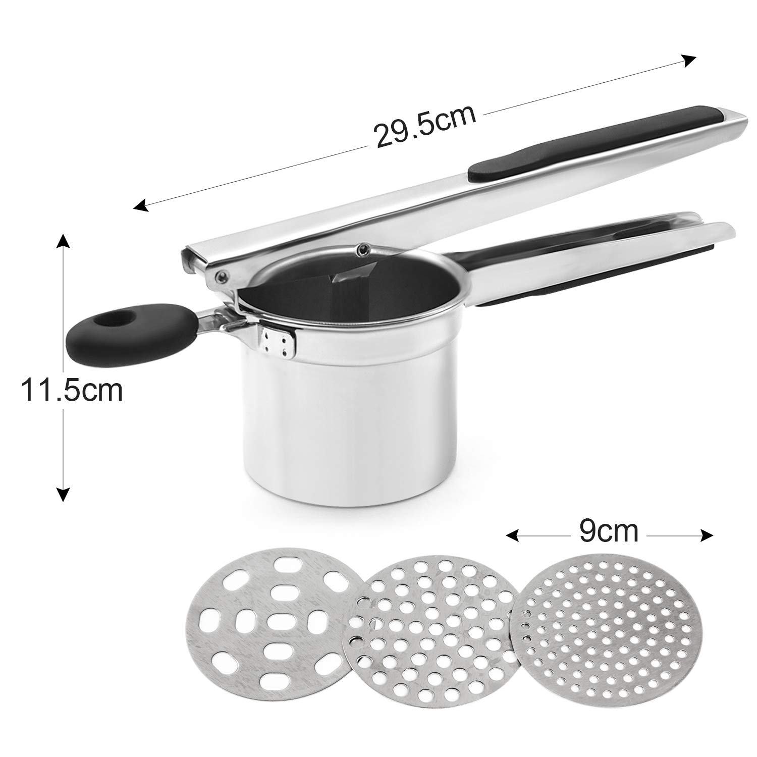 Ballery Presse-purée professionnel en acier inoxydable pour fruits et légumes avec 3 disques interchangeables, poignées noires douces au toucher