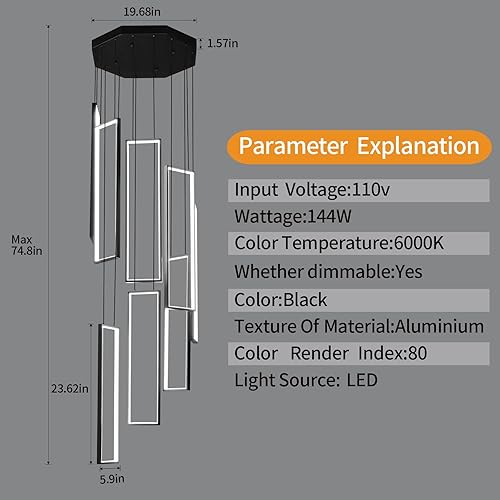 Miniatura 10 de FDPBY Lámpara colgante de cocina moderna negra de 24 W, lámpara colgante LED de 2 anillos, lámpara rectangular para cocina, isla, sala de estar,