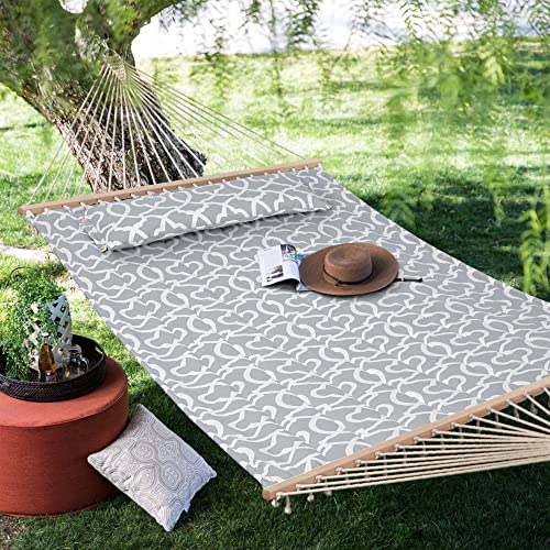 Suncreat Double Quilted Hammock With Hardwood Spreader Bar, Extra Large Soft Pillow, Heavy Duty 2 Person Hammock For Indoor, Outdoor, Grey Pattern #TOP6