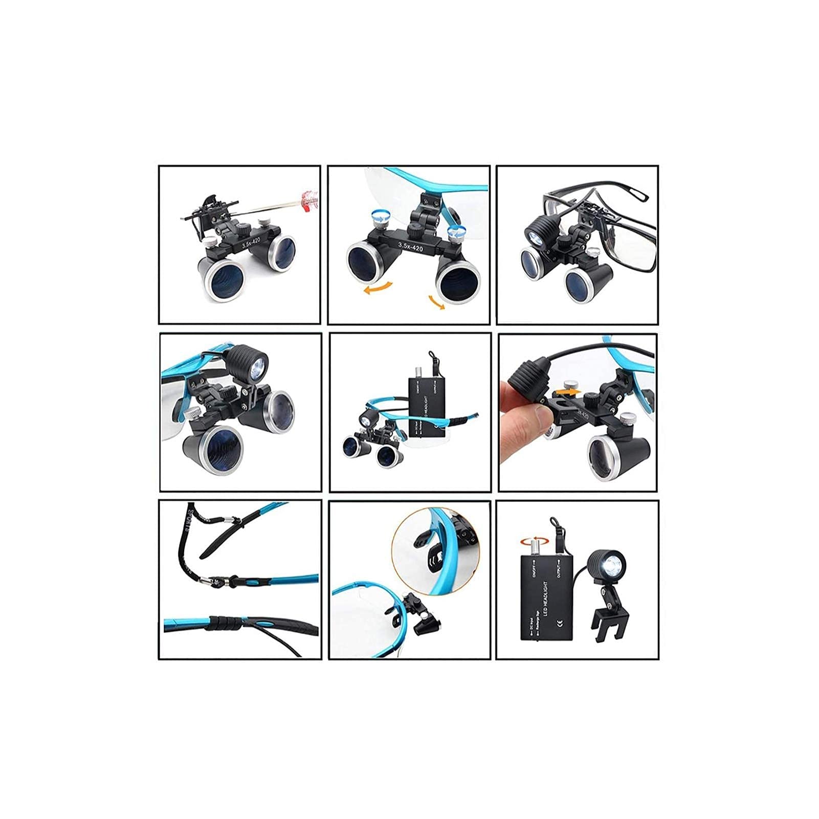 Lente d'ingrandimento con testa montata, lente d'ingrandimento 3,5x, funzionamento binoculare con fari a LED, lenti d'ingrandimento 3,5x