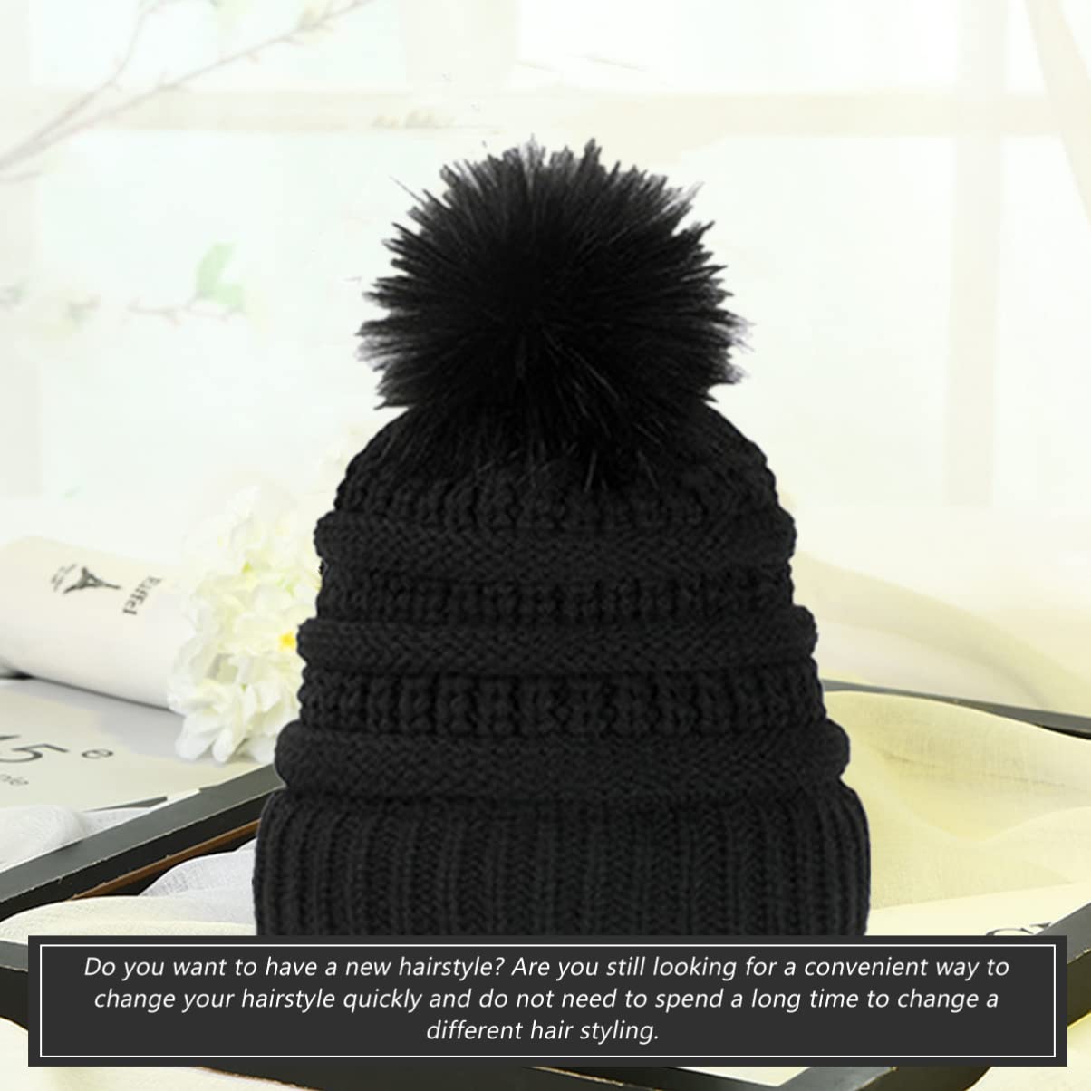 FRCOLOR Peluca de Pelo Ondulado y Gorro de Invierno de Crochet, Tamaño Único, Gorro de Punto Negro Peluca Desmontable Castaño Claro para Mujer en Fiestas y Disfraces