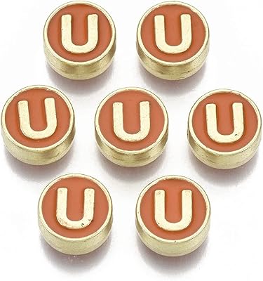 10pcs Alloy Enamel Beads 8mm Flat Round Initial Letters Beads Golden Letter Pattern Loose Spacer Beads Charms for DIY Necklace Bracelet Jewelry Making Hole: 1.5mm (Letter U)