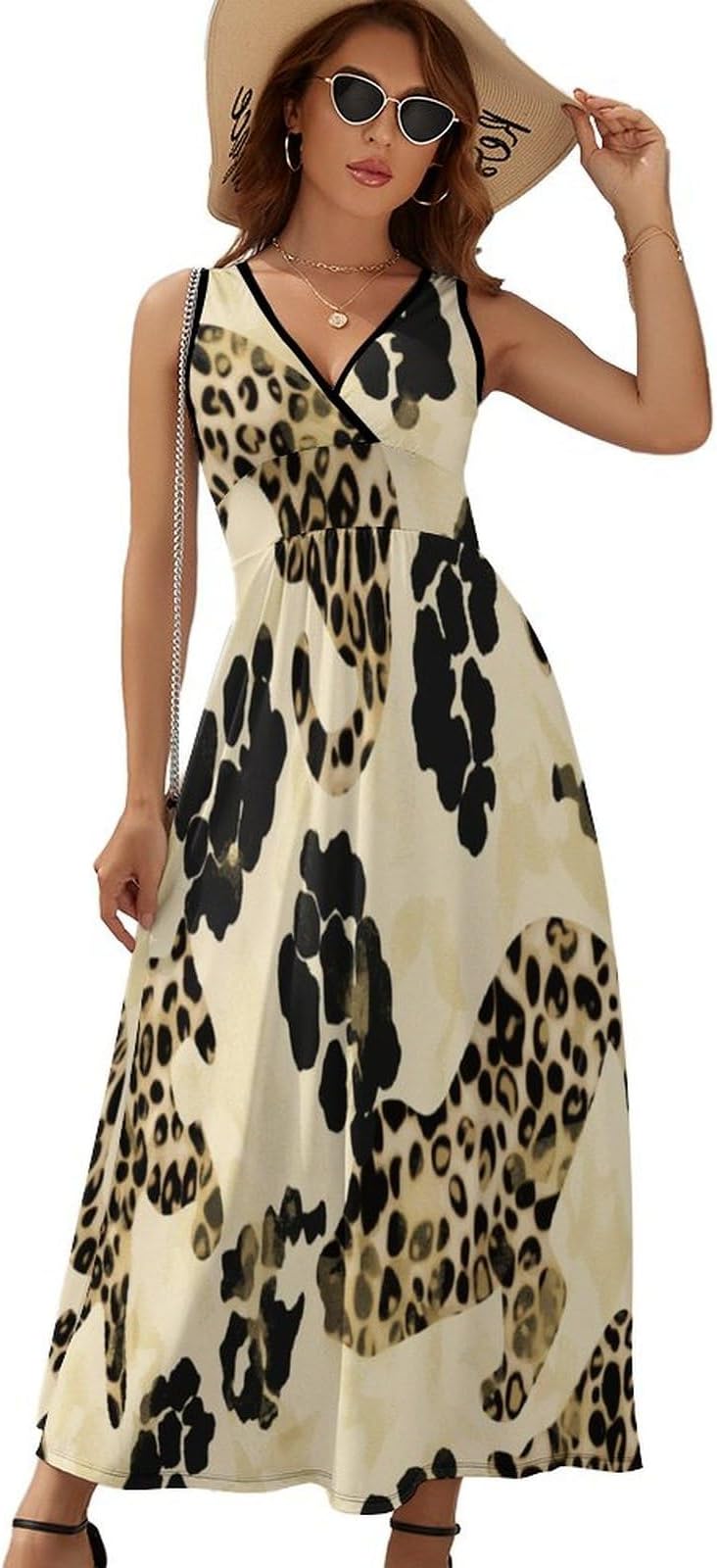Women's Summer Dresses Sleeveless Midi Dress V Neck Sundress Shiny Cream Leopard Print Print Wrap Waist Casual Dresses Flowy Swing Beach Dress