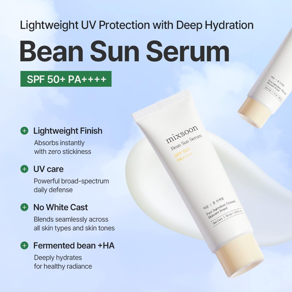 mixsoon Bean Sun Serum SPF 50+ PA++++, Sérum Solaire Coréen Léger, Protection UV Hydratante, Niacinamide, Acide Hyaluronique & Soja Fermenté, Sûr pour les Récifs, Sans Effet Blanchissant (50ml)