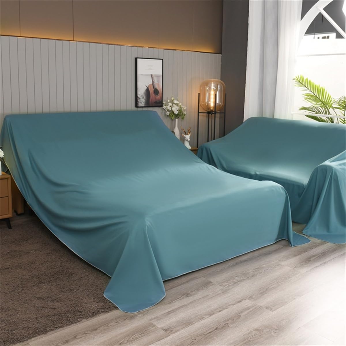 2 Pack Cotton Furniture Dust Sheets for Decorating, Dust Sheet for Sofas Single/Double Bed, Floor Covering Staircase Drop Cloth Paint Sheet Washable and Reusable Dust Cover (3.5x4m,Blue)