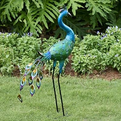 Metal Peacock Statue Yard Decor - Large Iron Peacock 34", Standing Bird Garden Sculptures, Metal Birds Yard Art Outdoor Statues, Outdoor Backyard Decor, Patio, Porch, Lawn Ornament Garden Decoration