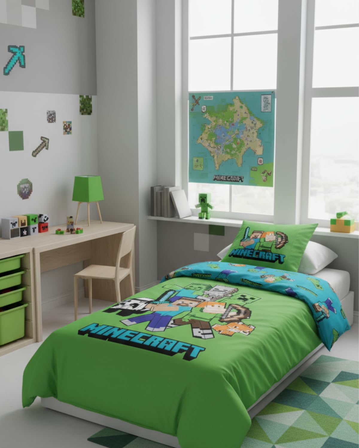 BrandMac Minecraft Pościel w rozmiarze pojedynczym, poszewka na kołdrę 140 x 200 cm + poszewka na poduszkę 60 x 65 cm, 100% bawełna, miękki, kolorowy i dwustronny zestaw pościeli dla dzieci, Minecraft