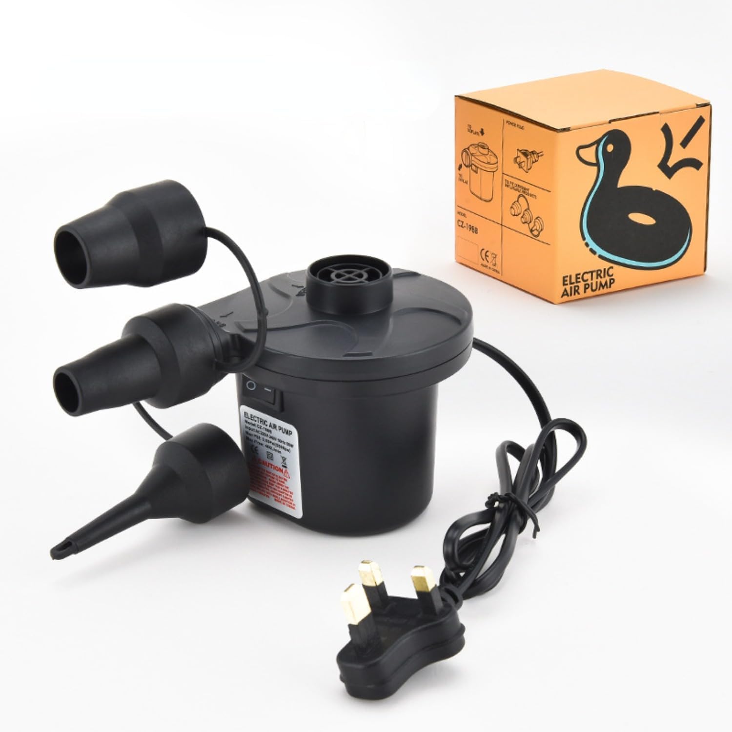 Xisiciao Electric Air Pump for Inflatables - Quick Plug-in With 3 Nozzles for Air Mattress, Pool, Float