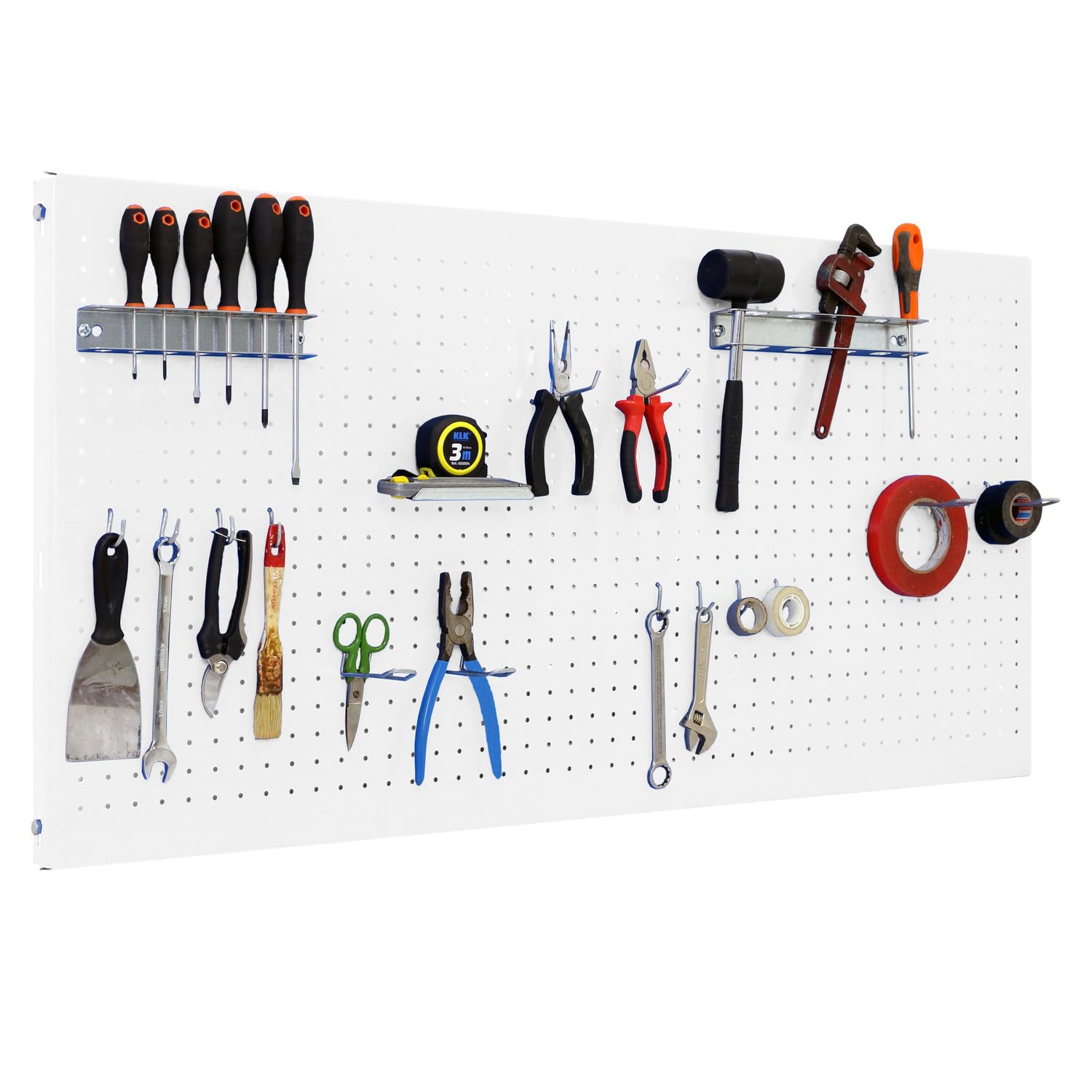 Simon Rack Organizador Herramientas Pared 600x1500 mm - Panel Click | Incluye 17 accesorios, Pintura anticorrosión, ∅ 5 mm, Blanco, Montaje sistema clic
