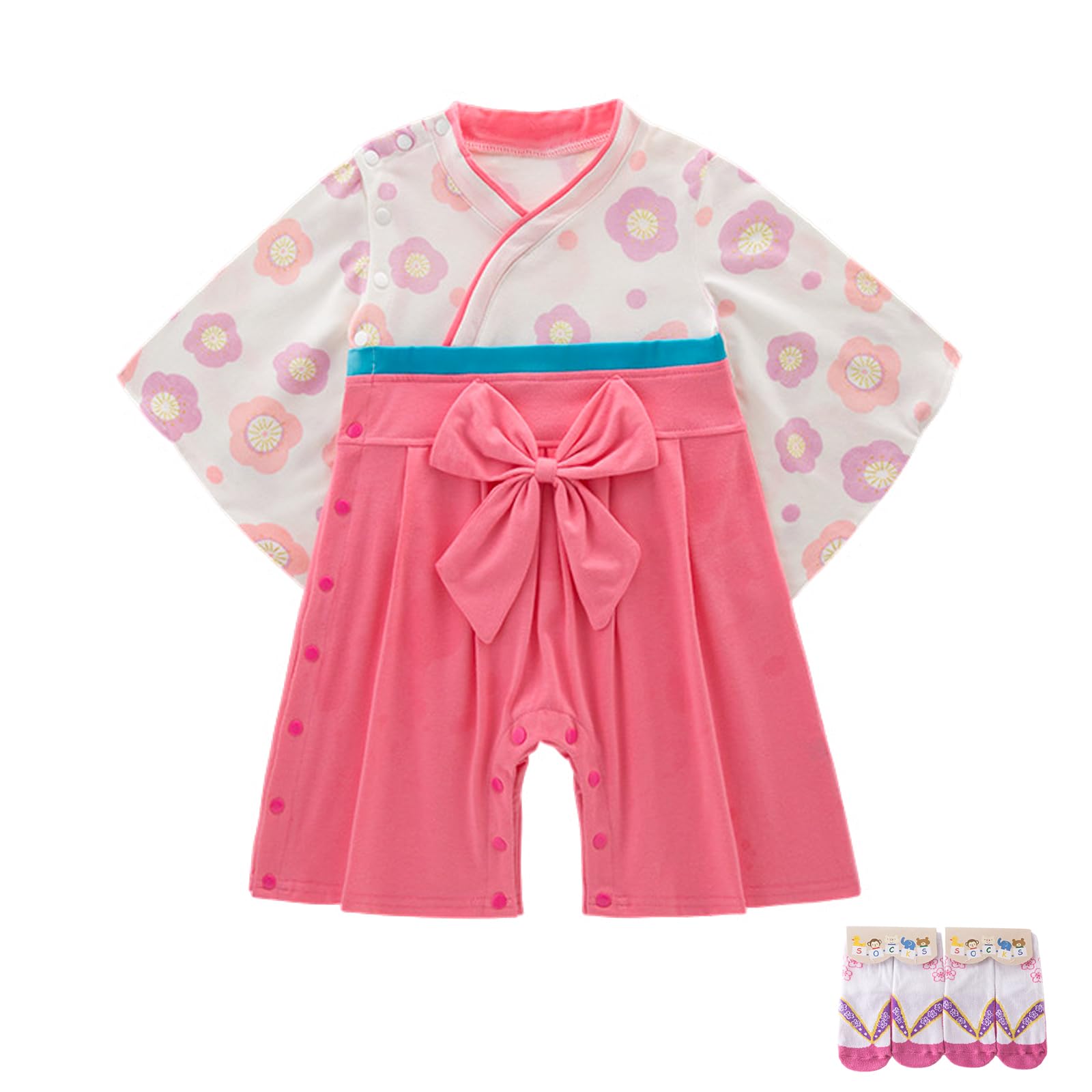 Baby Kimono Neonato Manica Lunga Cotone Kimono Giapponese per Neonati Costume Carnevale per Bambina e Bambino con 2 Paia di Calzini