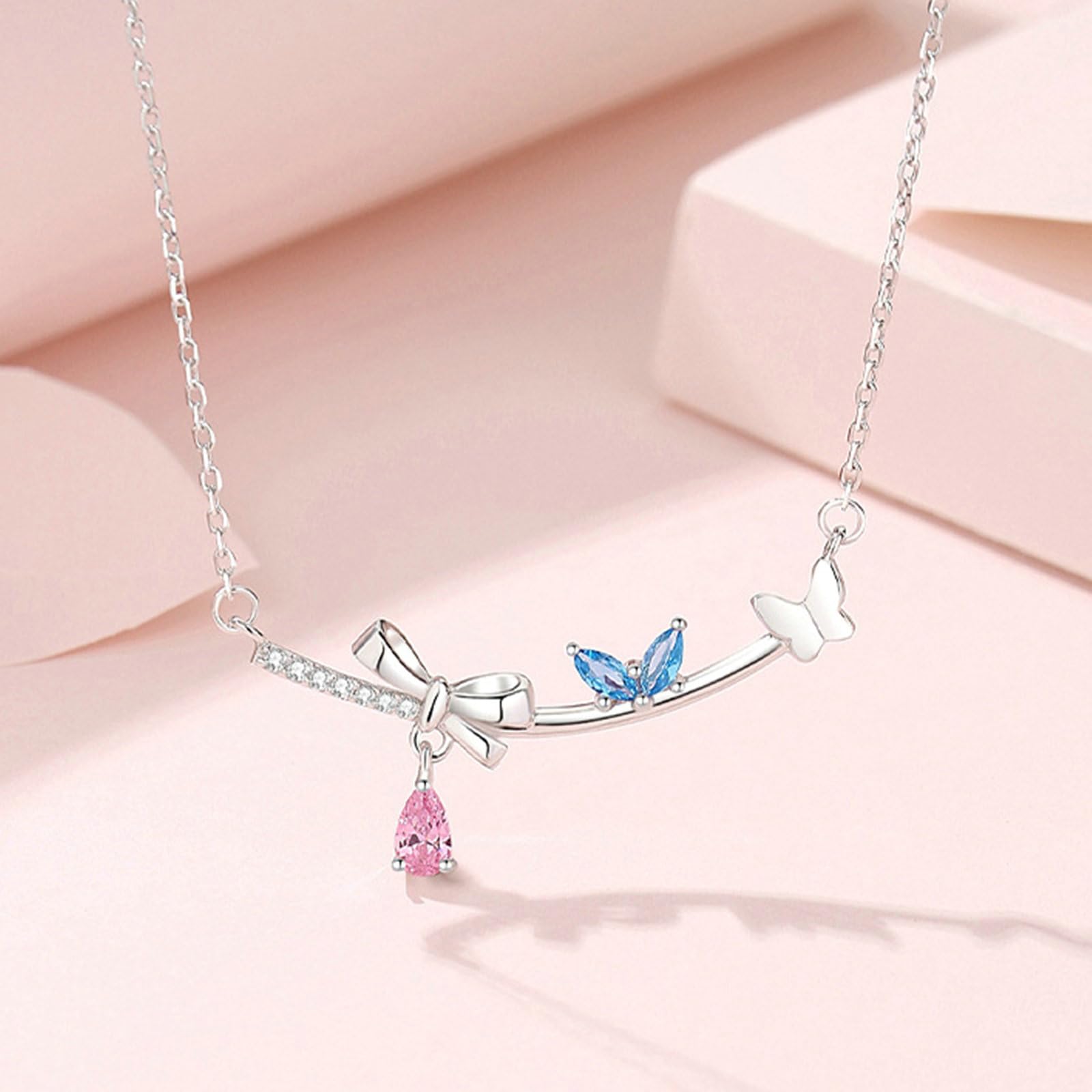 Collana in Oro 9/14/18 Kt Donna, Fiocco Farfalla con Sintetico Rosa Zaffiro e Topazio Moissanite Collana Ciondolo 375/585/750 Oro Bianco, 40+5cm