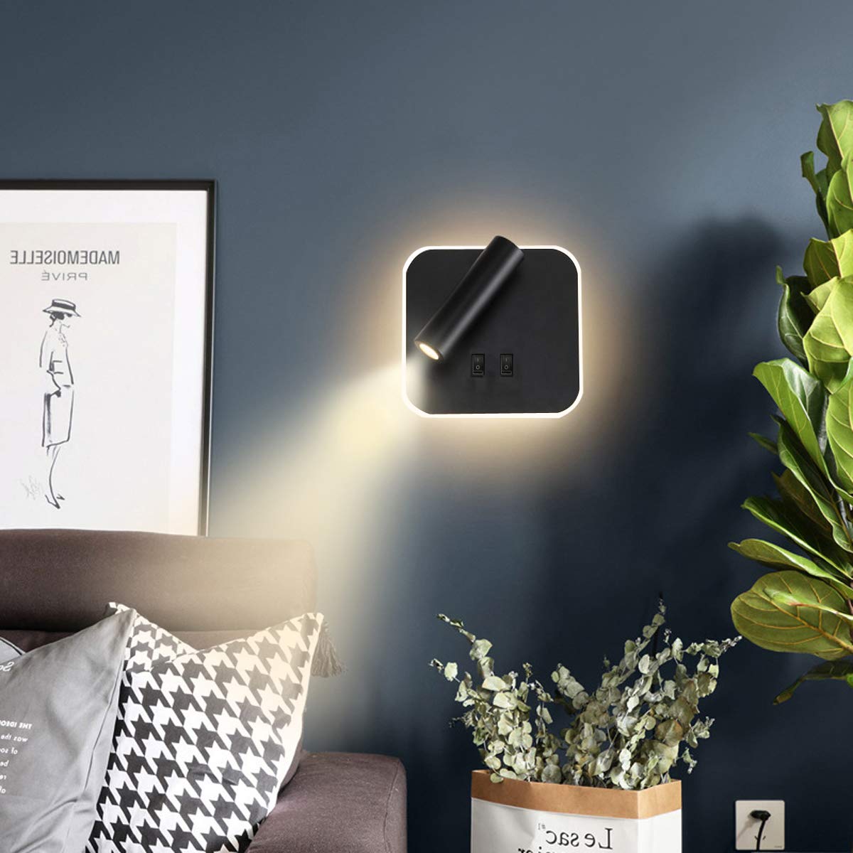 Applique da comodino orientabile Lampada da Parete camera da letto Faretto da camera da letto luce per la lettura 3000K (3W + 10W)