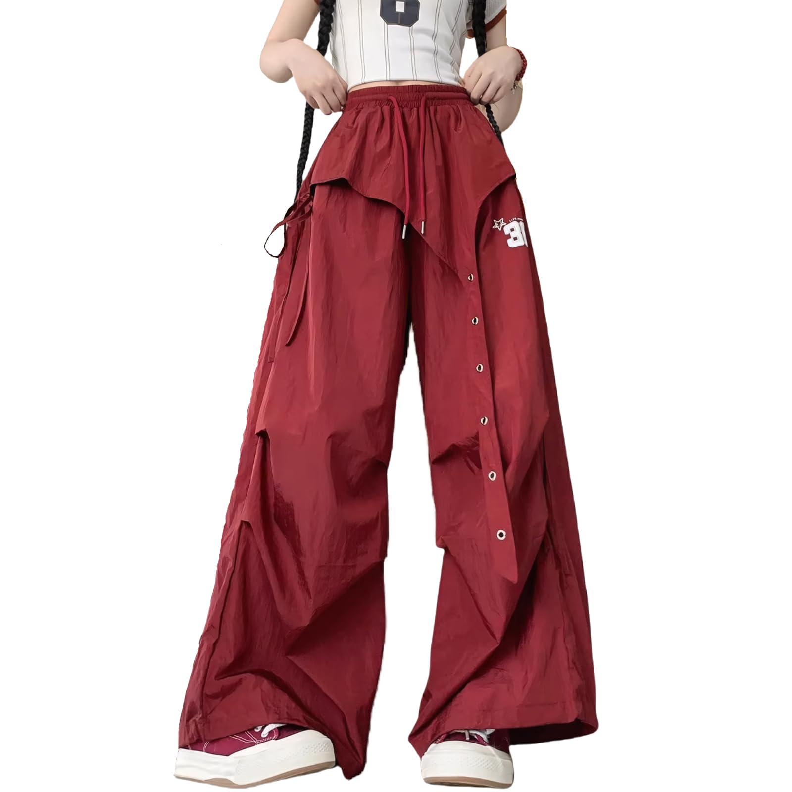 Womens Baggy Cargo Pants Casual High Waisted Wide Leg Drawstring Y2K Parachute Joggers Streetwear with Pockets