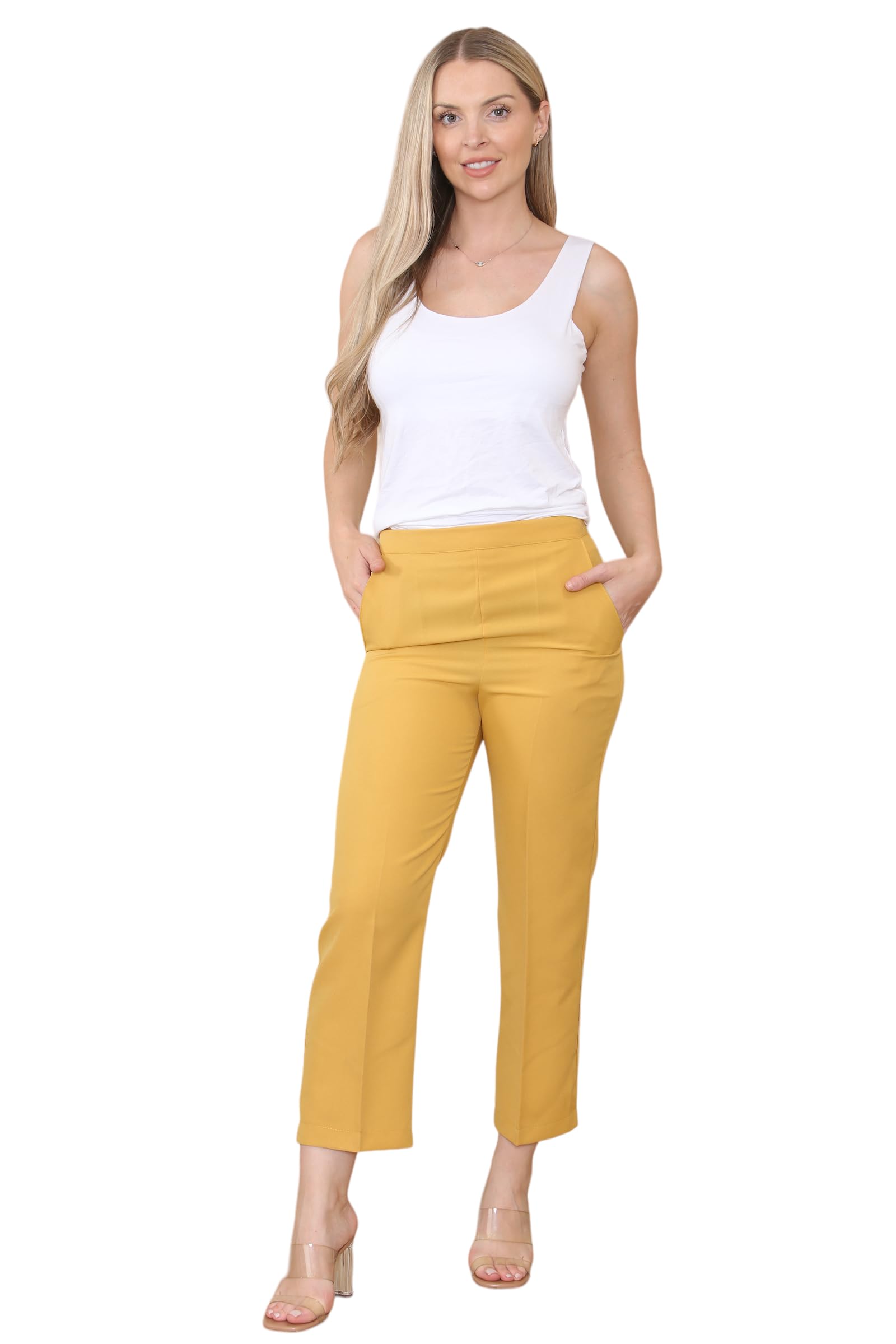 Ladies Trousers Half Elasticated Women Pull Up Pants Formal Office Work Trousers (as8, Numeric, Numeric_8, Regular, Short, Ochre)
