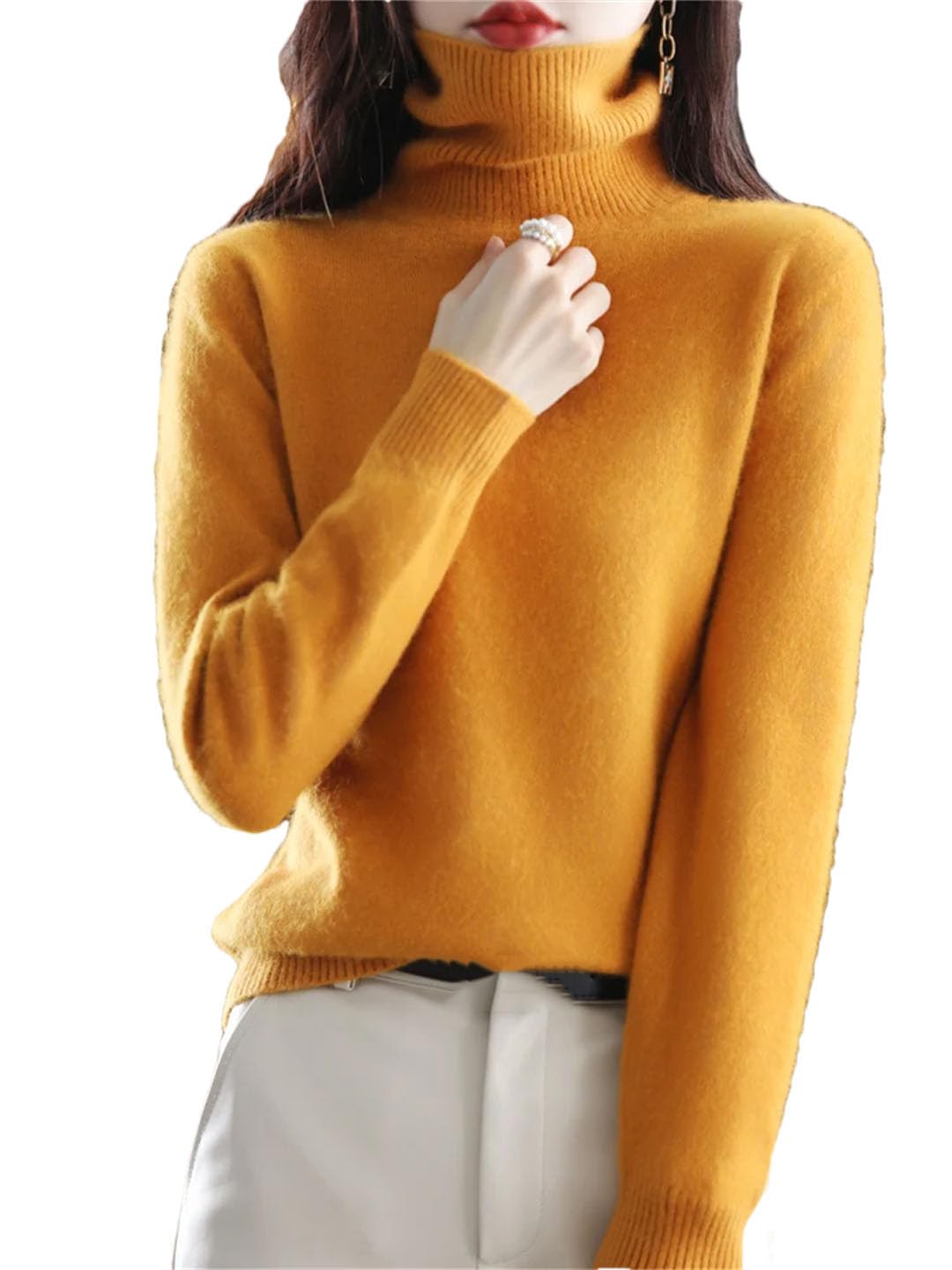 Damski sweter z golfem w jednolitym kolorze, wąski, miękki, ciepły, długi rękaw, ŻÓŁTY, XL