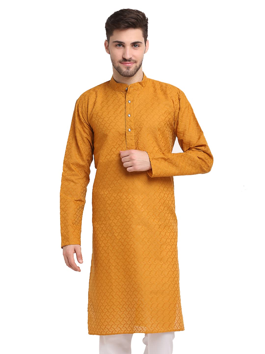 Jompers Men Green Ethnic Embroidered Pure Cotton Kurtas. (Mustard, Xxl)