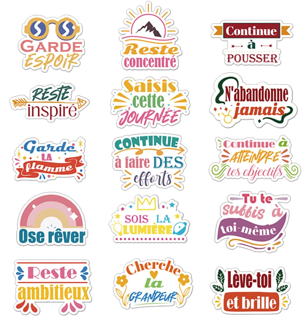 1step2dream French Inspirational Stickers | Motivational Quotes for Teens, Student, Kids, and Teachers | Positive Boho Decal for Planners, Water Bottles (202Pcs)