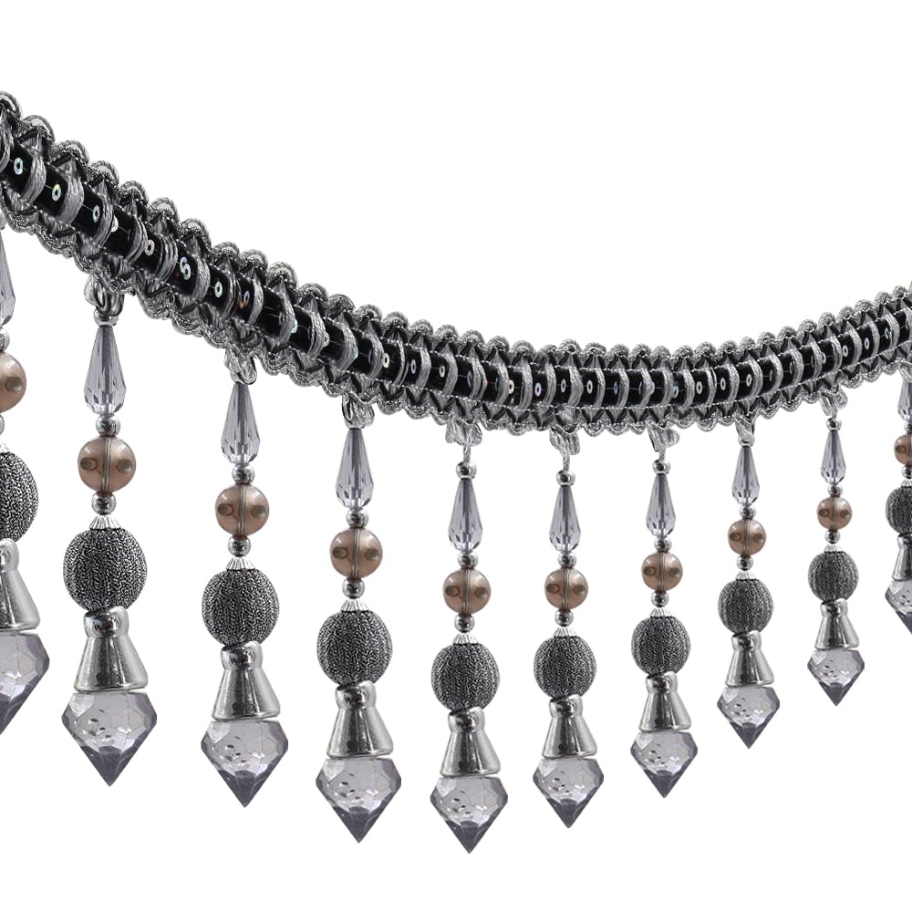 EMDOMO Beading Fringe Trimming Long Beads Tassel Curtain Trim Ribbon Trim for Cover Decorative 3yards (Gray 3yards)
