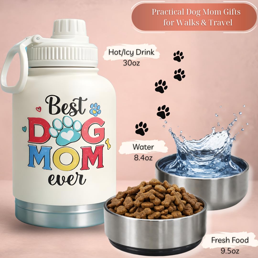 Dog Mom - Borraccia in acciaio inox con ciotole staccabili, per la festa della mamma, per passeggiate ed escursioni