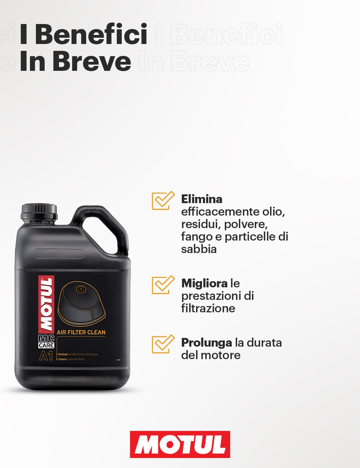 Motul - Pulitore per Filtro Aria in Schiuma - Compatibile Moto Cross, Enduro, Trial, Trail, Quad - Pulizia Profonda - Asciugatura Rapida - MC Care Air Filter Clean A1-5 L
