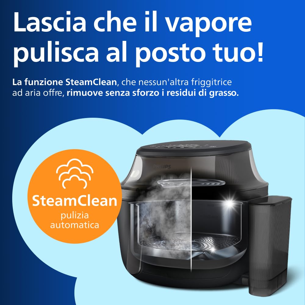 Philips Airfryer Serie 5000 con vapore: Frittura ad aria, cottura a vapore o combinata, 21 modalità, Capacità 7,2 L, Tec. RapidAir Plus, finestrella, Rivestimento ceramica, Auto SteamClean (NA540/00)