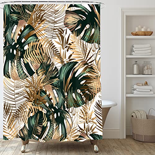 Hipposama Tropical Plant Shower Curtain, Gold Leaf Botanical Shower Curtain Set, Green Monstera Shower Curtains For Bathroom, Waterproof Fabric With 12 Hooks, 72 X 72 Inches #TOP2