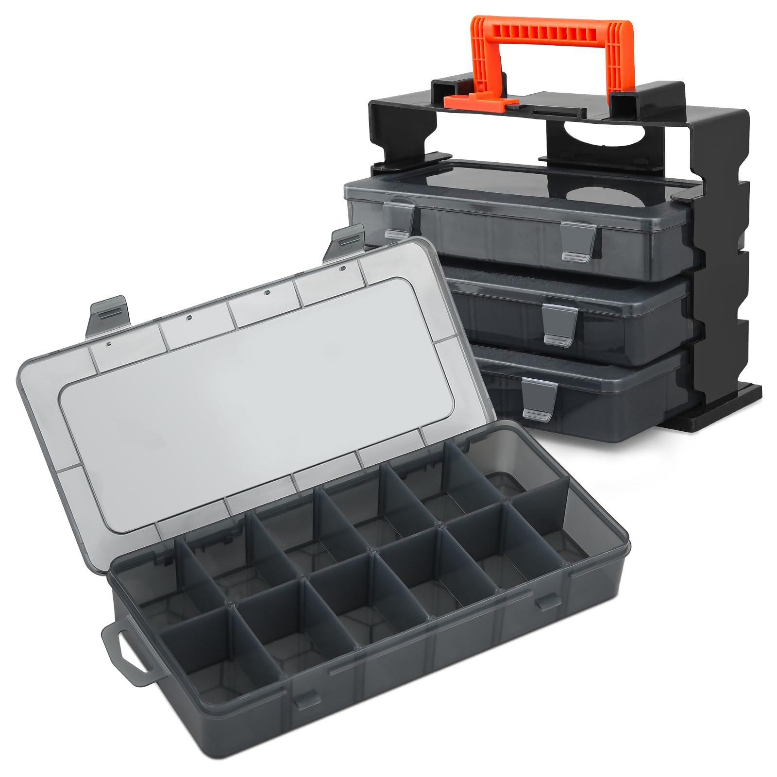 monibloom 12-grid portable tackle boxes organizer with handle clear plastic storage box with removable dividers waterproof container case for fishing tackles art crafts beads jewelry set of 4