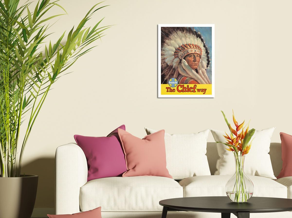Chicago to California by Train - The Chief Way - Santa Fe Railroad - Native American Indian Eagle Head Dress - Vintage Travel Poster c.1950s - Master Art Print (Unframed) 13in x 19in
