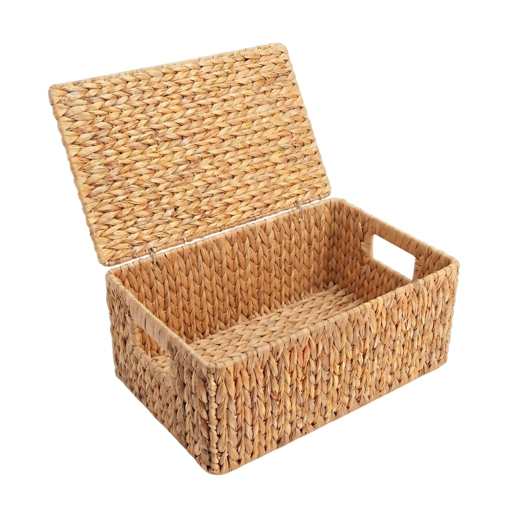Woodluv Storage Boxes with Lids, Woven Natural Water Hyacinth, Nesting Storage Baskets for Shelves, Gift Hamper Basket | Shelf Hamper Organiser for Bathroom, Bedroom, Kitchen & Home Office, XLarge