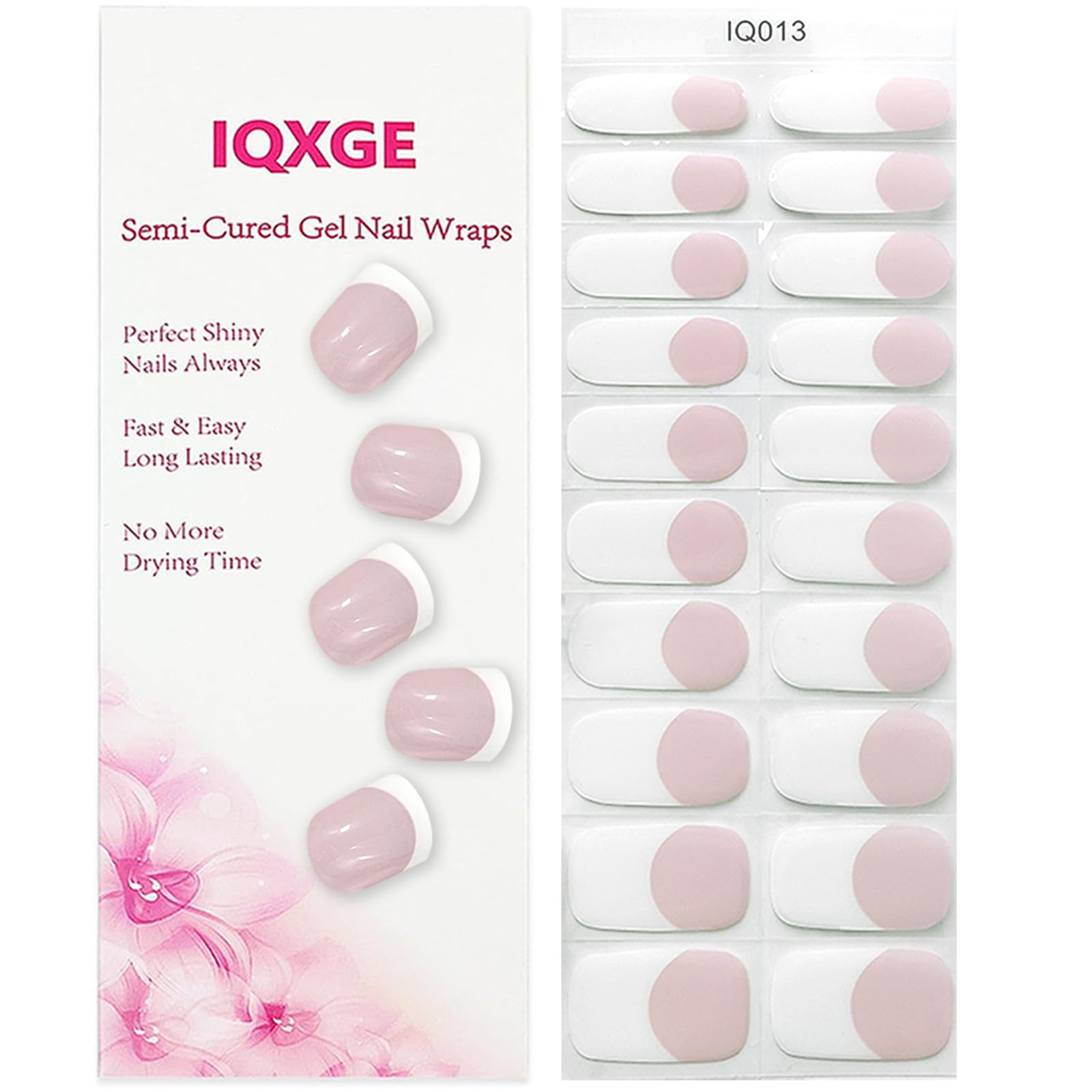 IQXGE Semi Cured Gel Nail Strips, Long Lasting Gel Nail Stickers with UV Light Needed, 20 Waterproof Full Wraps for Women with 1 File, 1 Wood Stick&2