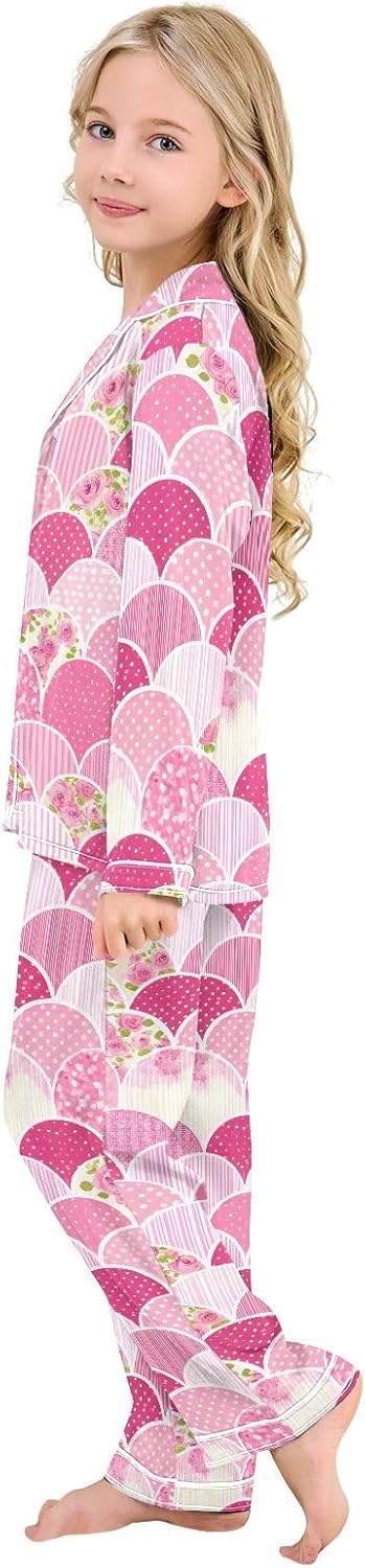 Kids Casual Satin Wear Set Dragon Scale Flower Pattern Unisex Relaxed Fit Clothing