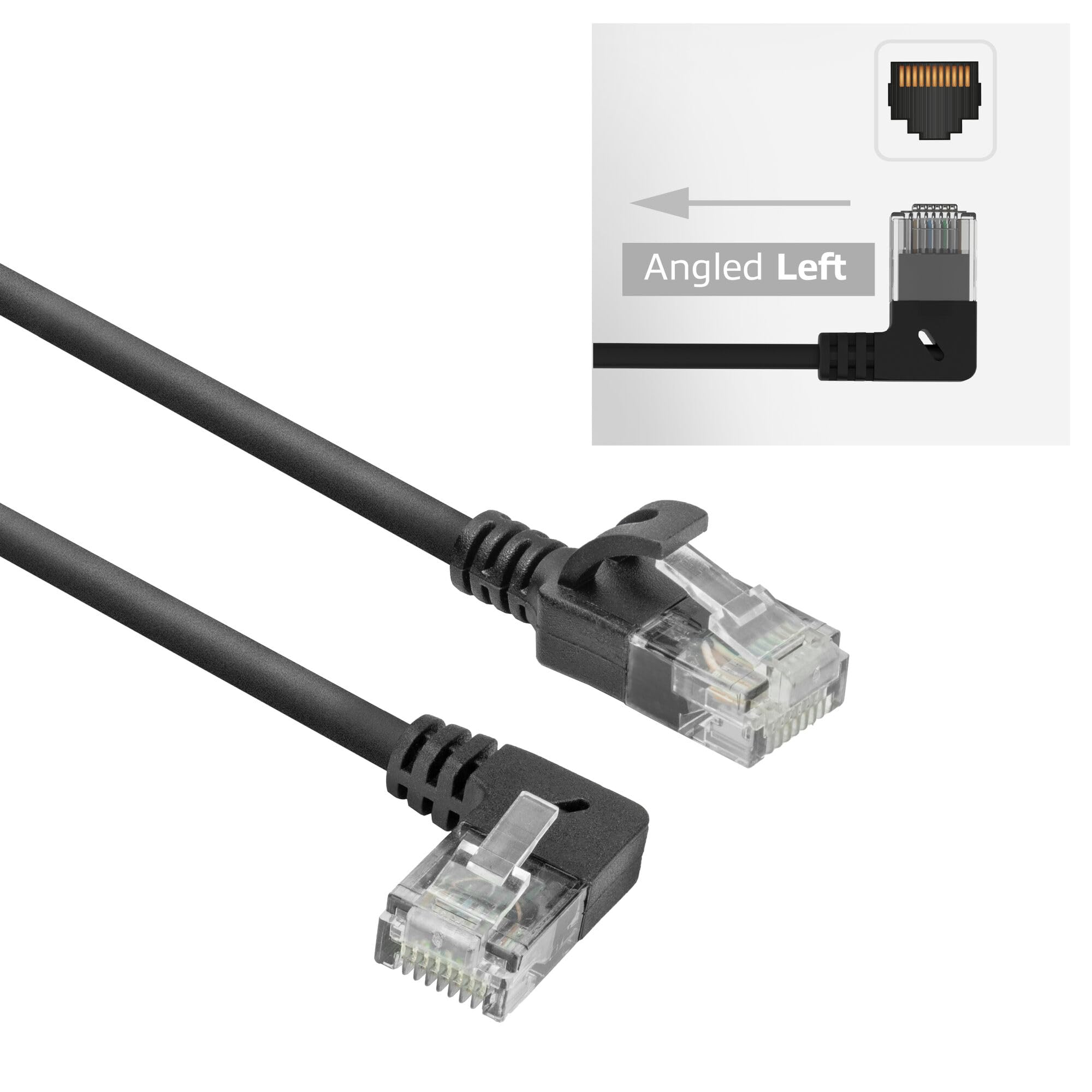ACT CAT6A Network Cable 90° Angled Upwards, U/UTP LSZH LAN Cable Thin 3.6 mm Slimline, Flexible Ethernet Cable with RJ45 Connector, for Use in Data Centres, 1.5 Metres, Left