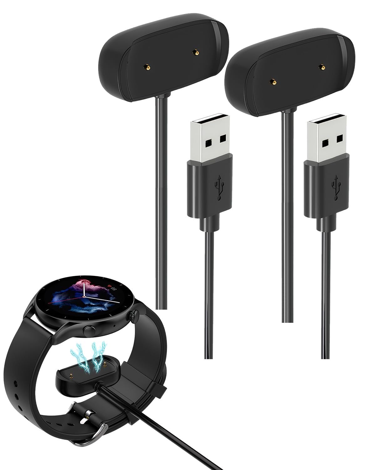 2 Pieces Charger Cable Compatible with Amazfit GTR 2/2e GTS 2 Mini/4 Mini T-Rex Pro (Pas for T-Rex) Active/Active Edge Bip 5/3/3 Pro/U Pop Pro Zepp E Z USB Magnetic Smartwatch Charging Cable 1M