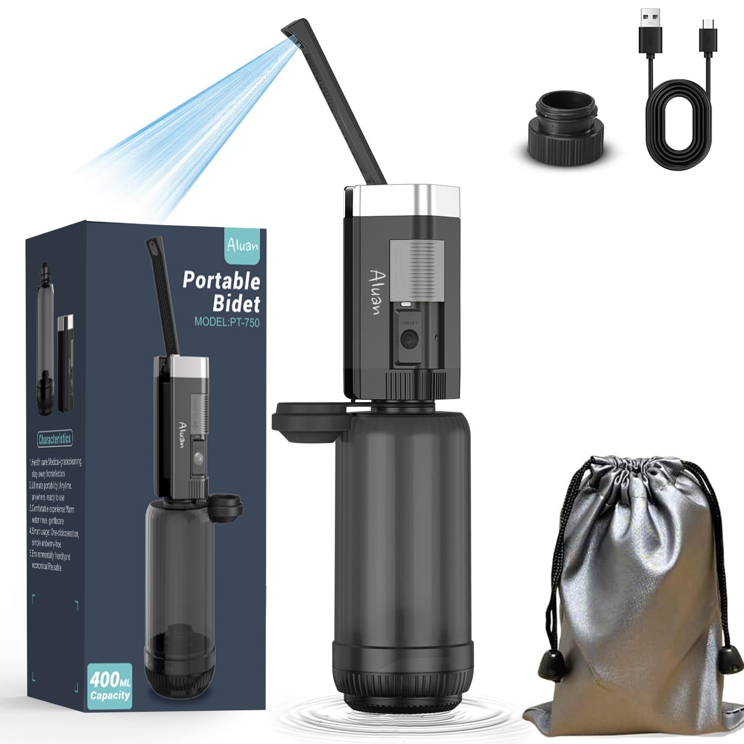 Aluan Portable Jet Spray for Toilet for Travel, Rechargeable Electric Travel Bidet with 1100mAh Battery, IPX7 Waterproof High Pressure Portable Bidet with 2 Pressure Modes for Postpartum Care, Hygiene Cleaning