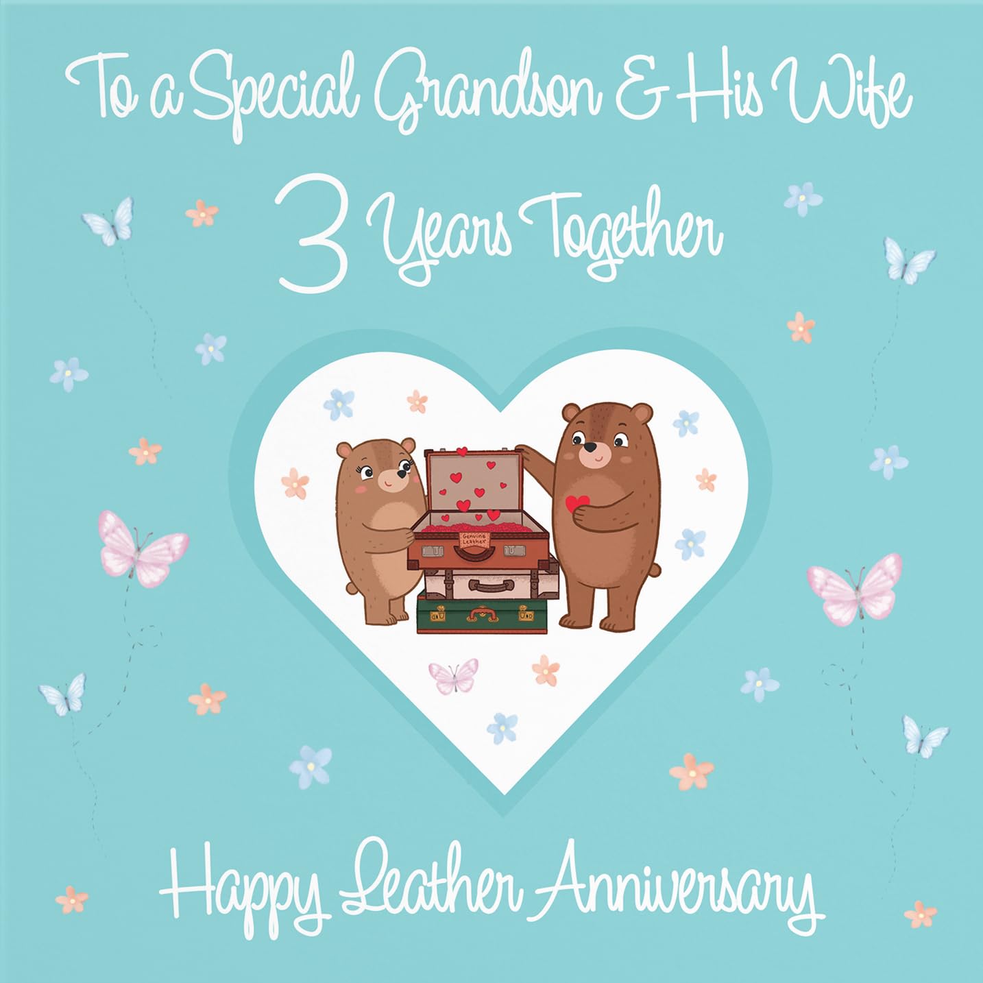 Hunts England, Grandson & Wife 3rd Anniversary Card, 3 Years, Leather Anniversary, Romantic Meadows, Fun Card - Image 2