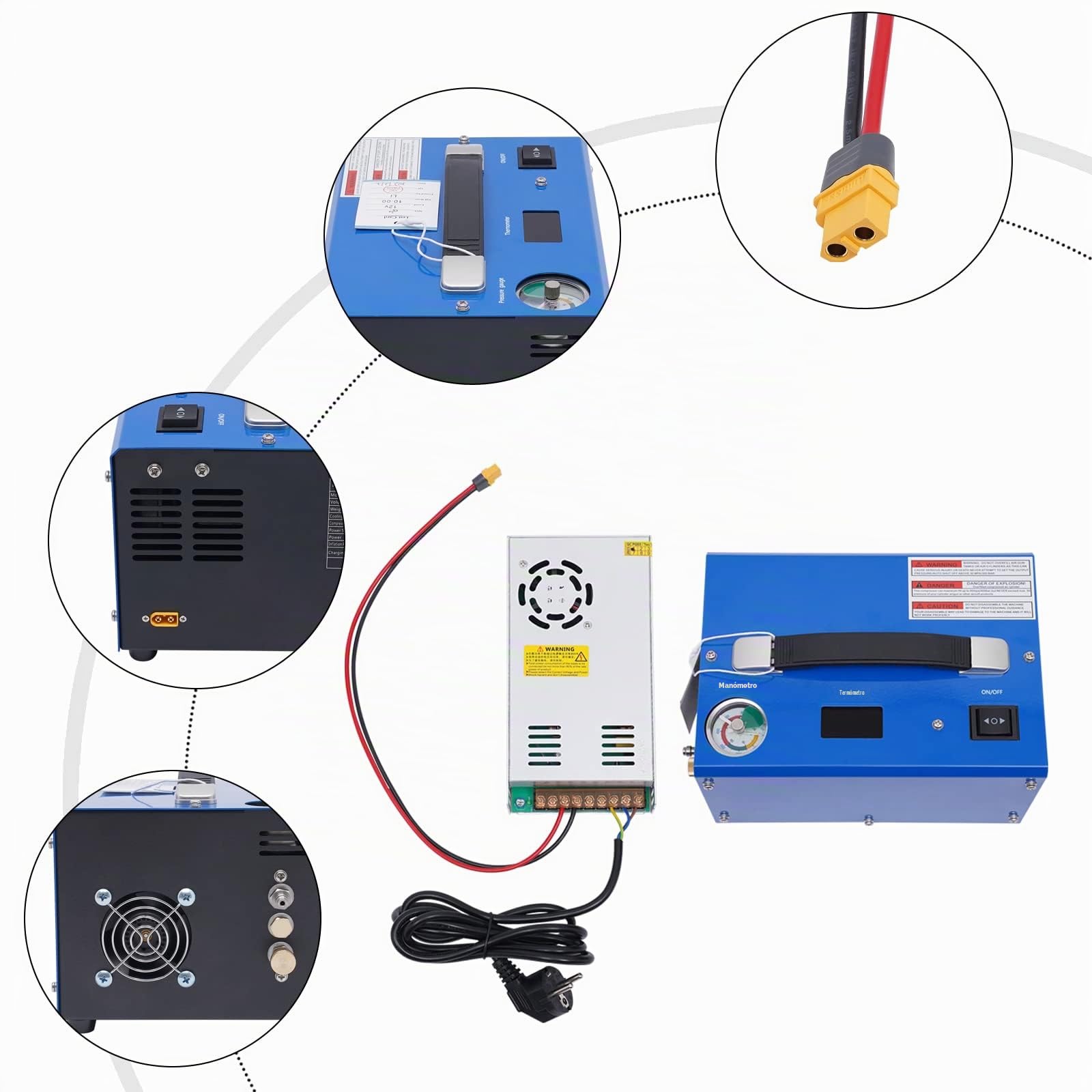 Compresor de aire de alta presión versión con apagado automático, 30 MPa/300 bar, compresor de aire, bomba de 12 V, 250 W, PCP, portátil, 4500 PSI, funciona con tanques de 200-1000 cc capacidades de