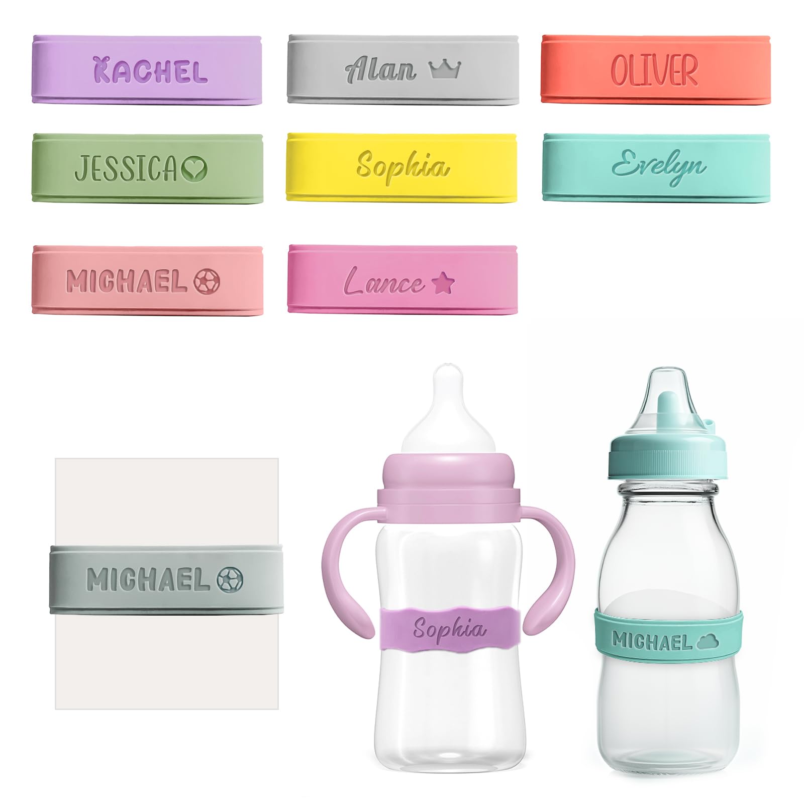 3UMeter 4PCS Personalized Waterproof Name Labels for Kids Custom Silicone Bottle Labels Engraved Non-Slip Elastic Reusable Water Bottle Name Bands for