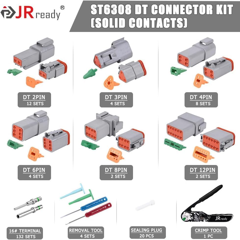 Miniatura 2 de JRready ST6308 Kit de conectores Deutsch, conector DT impermeable de 2 3 4 6 8 12 pines, tamaño 16 contactos sólidos, crimpadora DT2 equivalente a