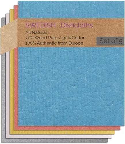 SWEDEdishcloths - Toallas de esponja de celulosa - Juego de 5 paños suecos (azul, salmón, neutro, amarillo, gris)