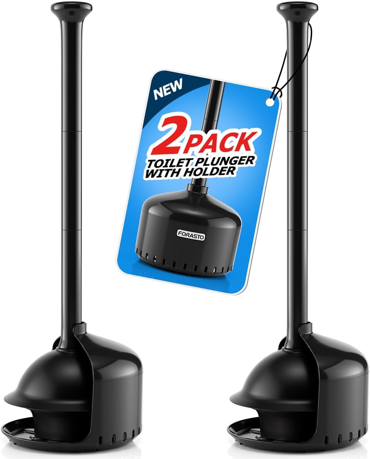 FORASTO 2Pack Toilet Plunger with Holder - Heavy Duty Bathroom Tools