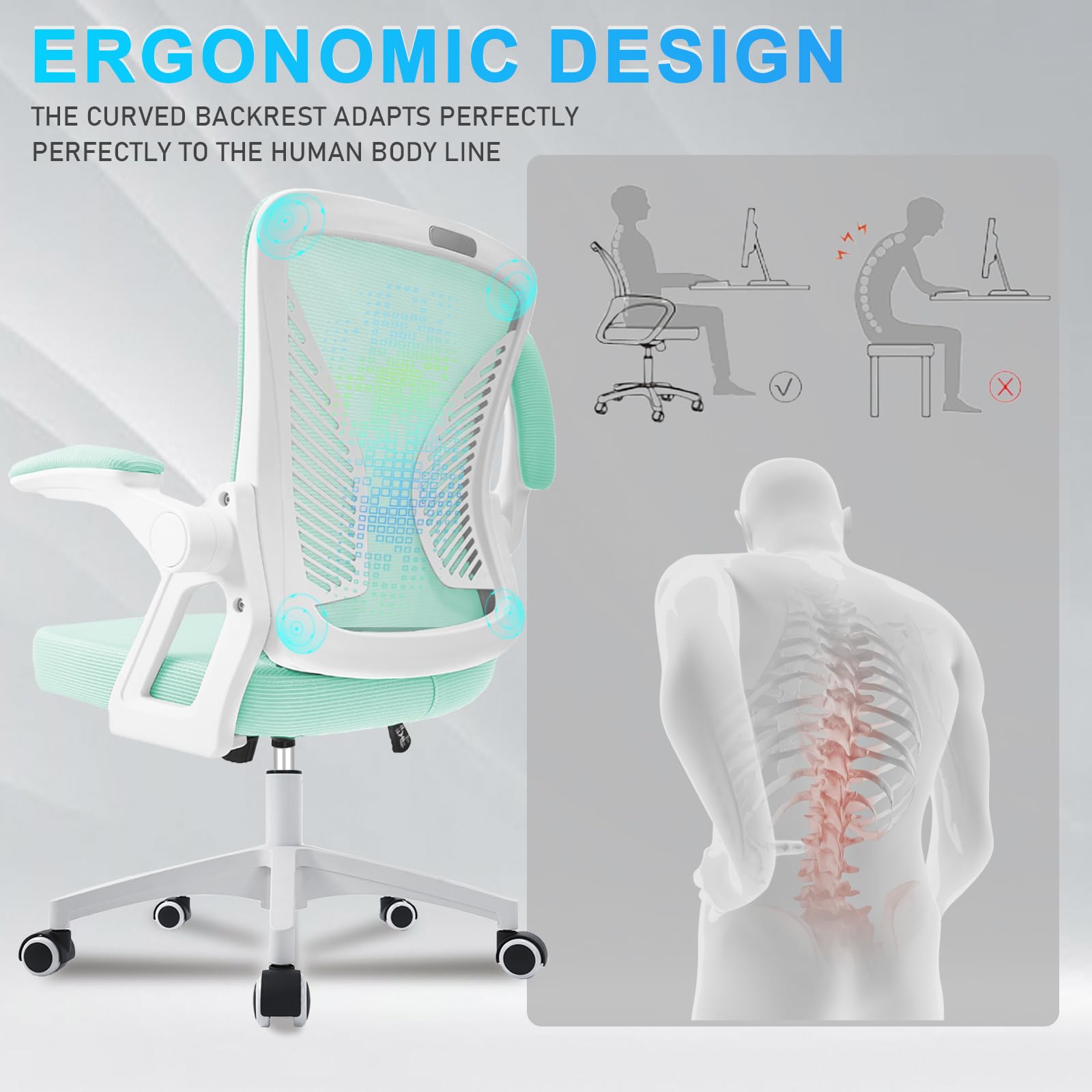 Milacyee Sedia da Ufficio Ergonomica con Supporto Lombare,Regolabile in Altezza,Sedia da Computer con Braccioli Regolabili in Rete Traspirante,Verde
