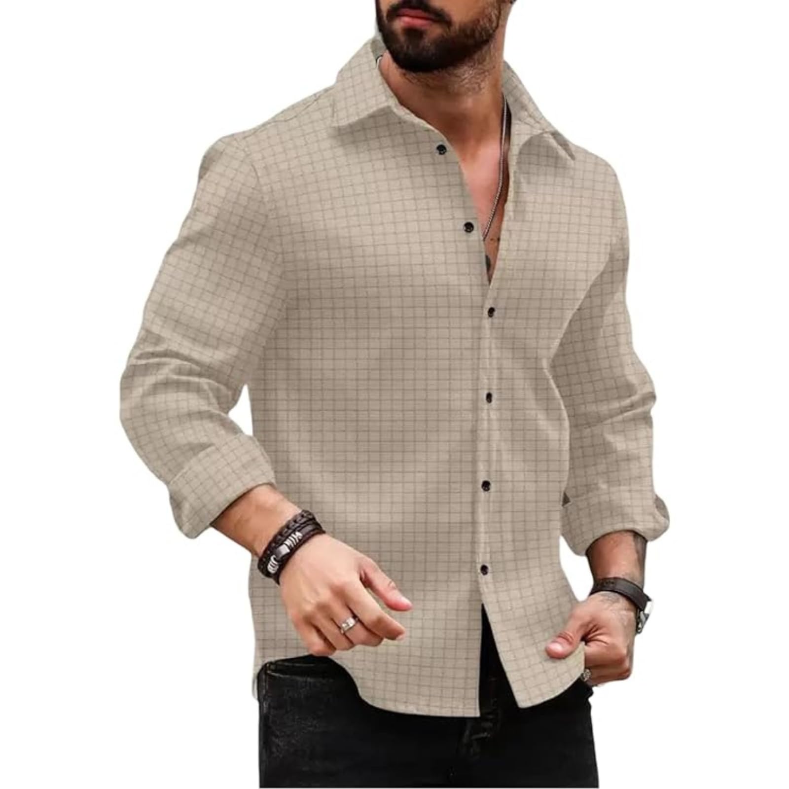 Men's Regular Fit Button Down Dress Shirts Textured Long Sleeve Casual Hawaiian Shirt