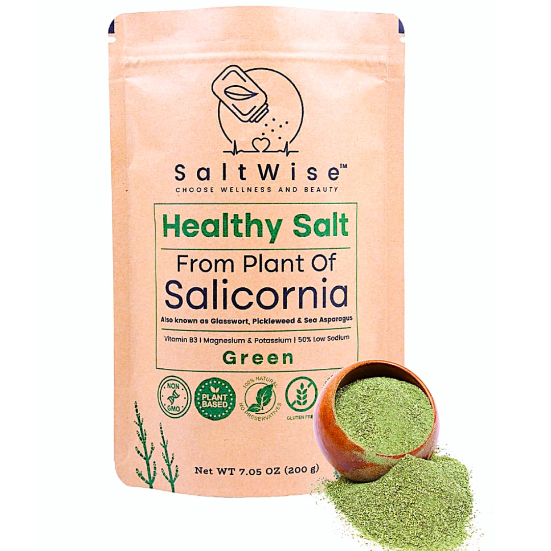 SaltWise Green Salt – 50% Less Sodium, Plant-Based Salt Substitute, 100% Dehydrated Salicornia, Natural Umami, No additives (7.05 oz / 200g)