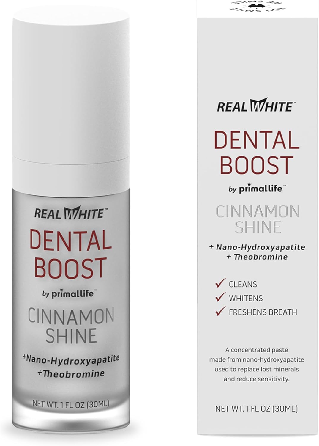 Primal Life Organic Real White Dental Boost – Natural, Organic Teeth Whitener – Peroxide Free – Nano-Hydroxyapatite Paste (Cinnamon)