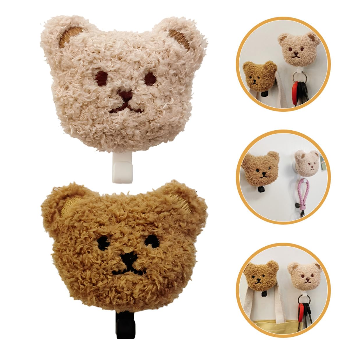 NUOBESTY Ganchos Adhesivos para Pared 2 Piezas Diseño Osito de Peluche de Felpa, para Llaves, Toallas y Paraguas, sin Taladro, Uso en Baño y Cocina, Colores Claro y Negro