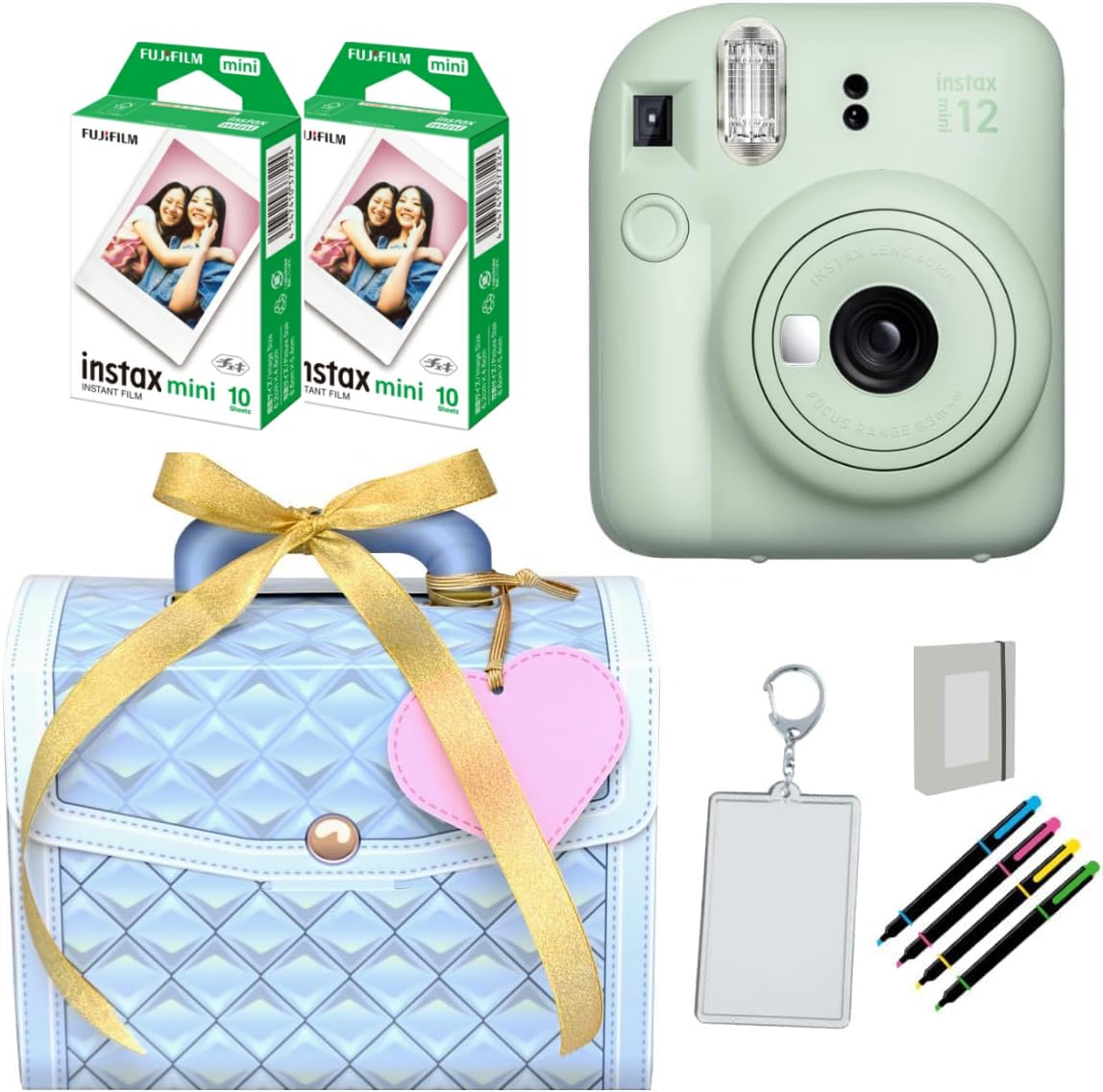 Instant Camera Instax Mini 12 Wrapping Vanity Box Set with Film, Frame, Album, and Deco Pen (Vanity Box Blue, Mint Green)