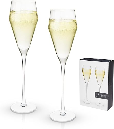 Viski Angled Prosecco - Copas de vino espumosas transparentes de tallo largo, juego de regalo de copas de champán de tallo largo, cristalería
