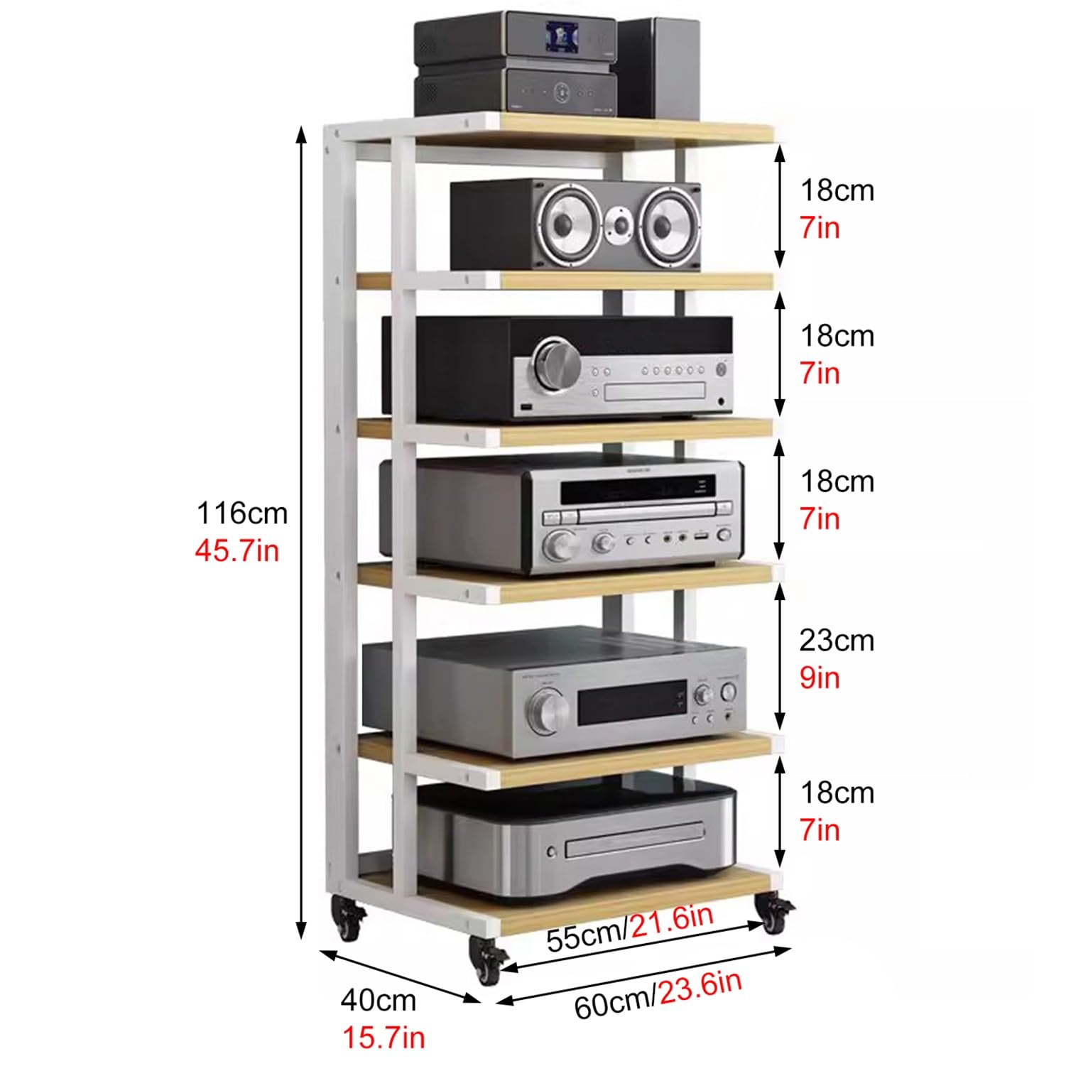 6-poziomowy, wytrzymały stojak na sprzęt audiowizualny, wysokość 116 cm – przenośny regał HiFi, szafka stereo do salonu, pokoju gier, studia muzycznego (biały + beżowy) (biały + beżowy, 60 x 40 x