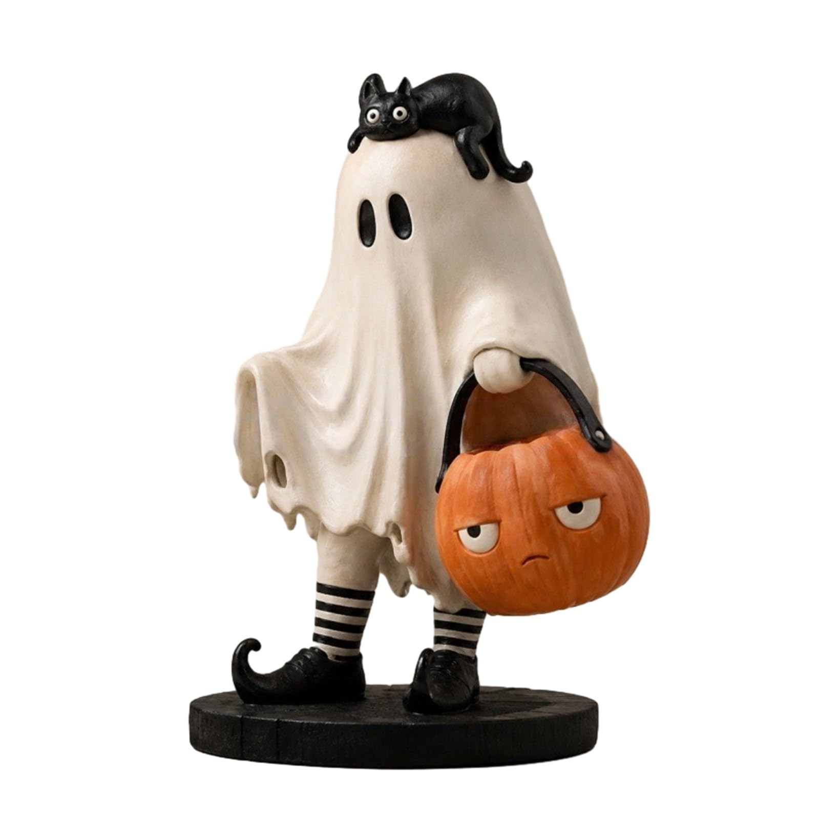 ZhzeYun Cute Ghost Statue, Black Cat Ghost Holding Pumpkin Bucket Ornament